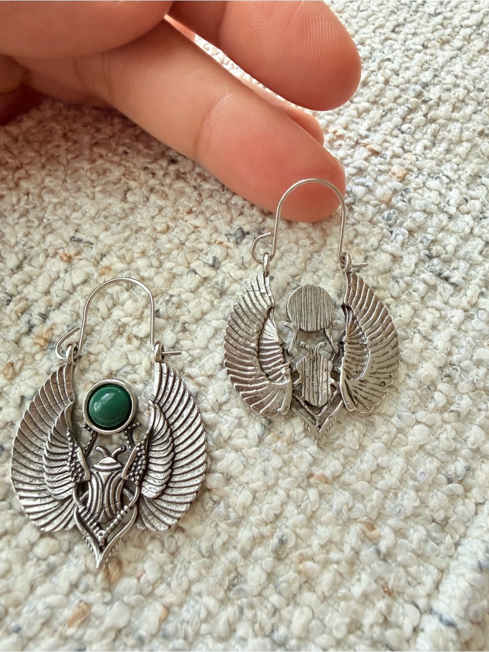 Silver Winged Drop Earrings with Green Stone -  Jewelry - Picture 6 of 9